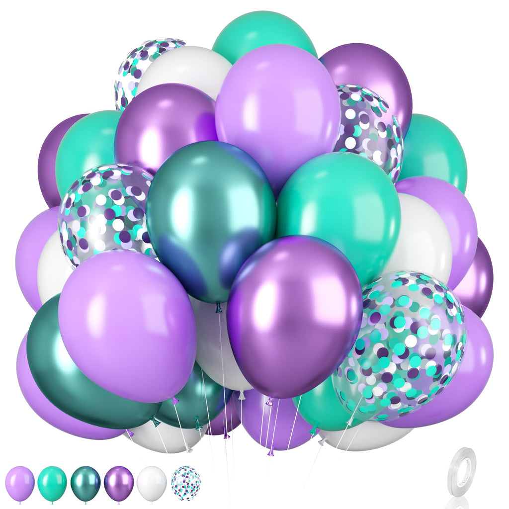 Mermaid Balloons 12 Inches Purple and Green Balloons Teal Purple White Metallic Confetti Green Purple for Girls Mermaid Birthday Party Decoration Baby Shower Under The Sea Party Decorations