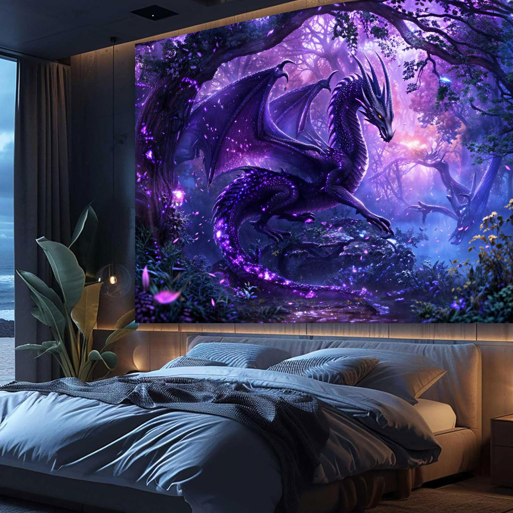 Bcsewcg Trippy Purple Dragon Tapestry Magic Forest Tapestry for Bedroom Aesthetic Medieval Fantasy Animals Cool Dragon Tapestry Wall Hanging for MenBoys Living Room Dorm Decor