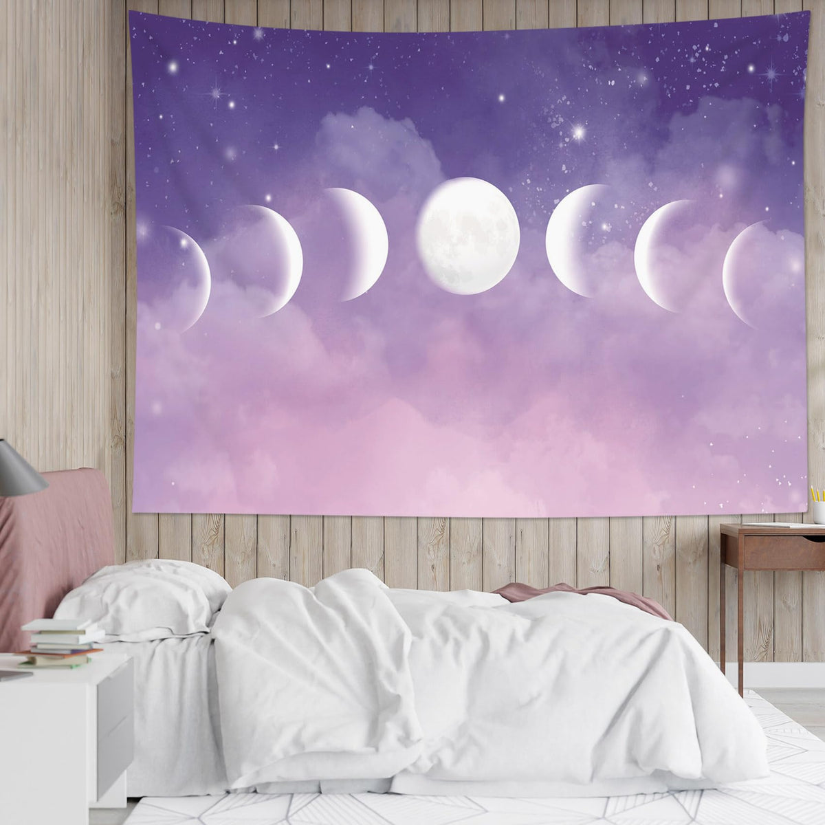 HVEST Moon Phase Tapestry Wall Hanging Moon Phase and Stars with Cloud in the Purple Sky Background Tapestry Pastel Nature Landscape Tapestry for Living Room Bedroom Aesthetic Decor 59x51 Inches