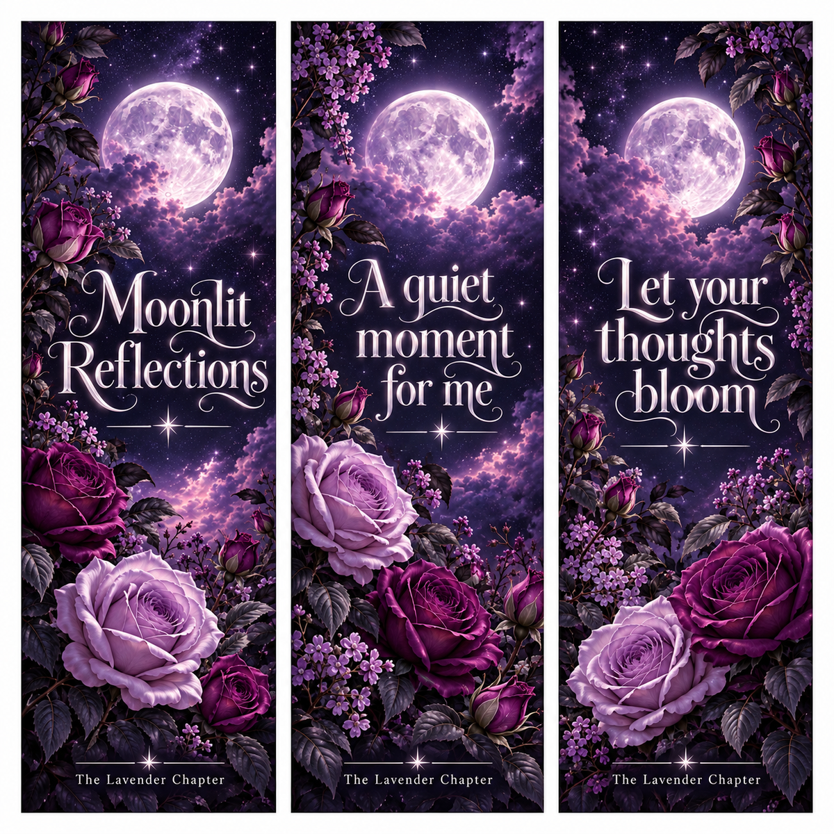 Three purple moon-and-rose printable bookmarks