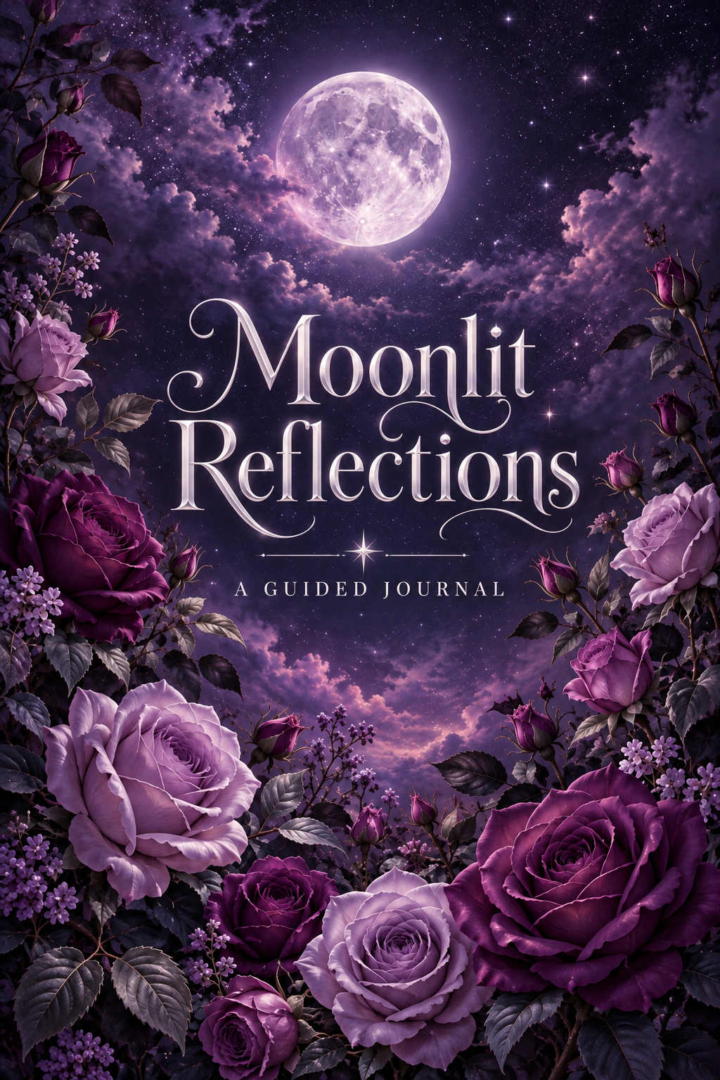 Moonlit Reflections printed journal with a purple moonlit sky and roses