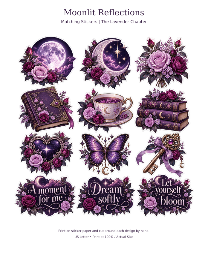 Twelve matching purple moonlit rose stickers on their printable sheet