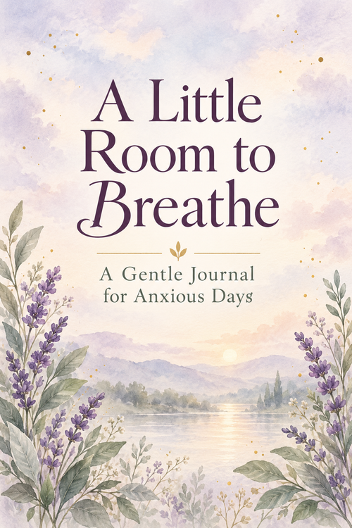 A Little Room to Breathe journal cover in lavender and sage with watercolor flowers and a quiet lakeside scene