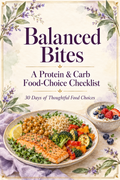 Balanced Bites protein and carb checklist cover with lavender flowers and a watercolor meal