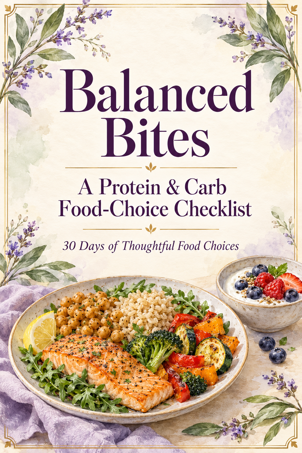 Balanced Bites protein and carb checklist cover with lavender flowers and a watercolor meal