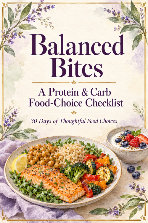 Balanced Bites protein and carb checklist cover with lavender flowers and a watercolor meal