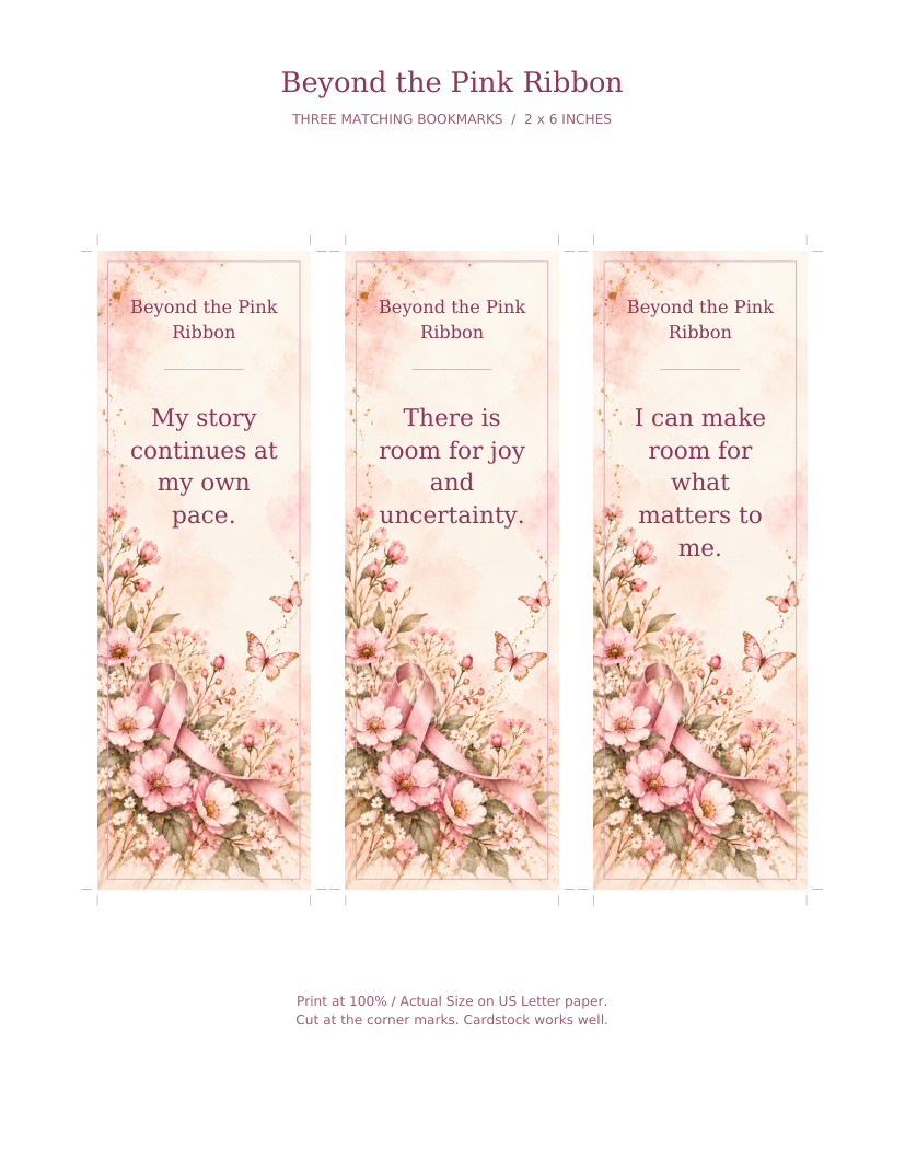 Three matching butterfly and pink ribbon bookmarks