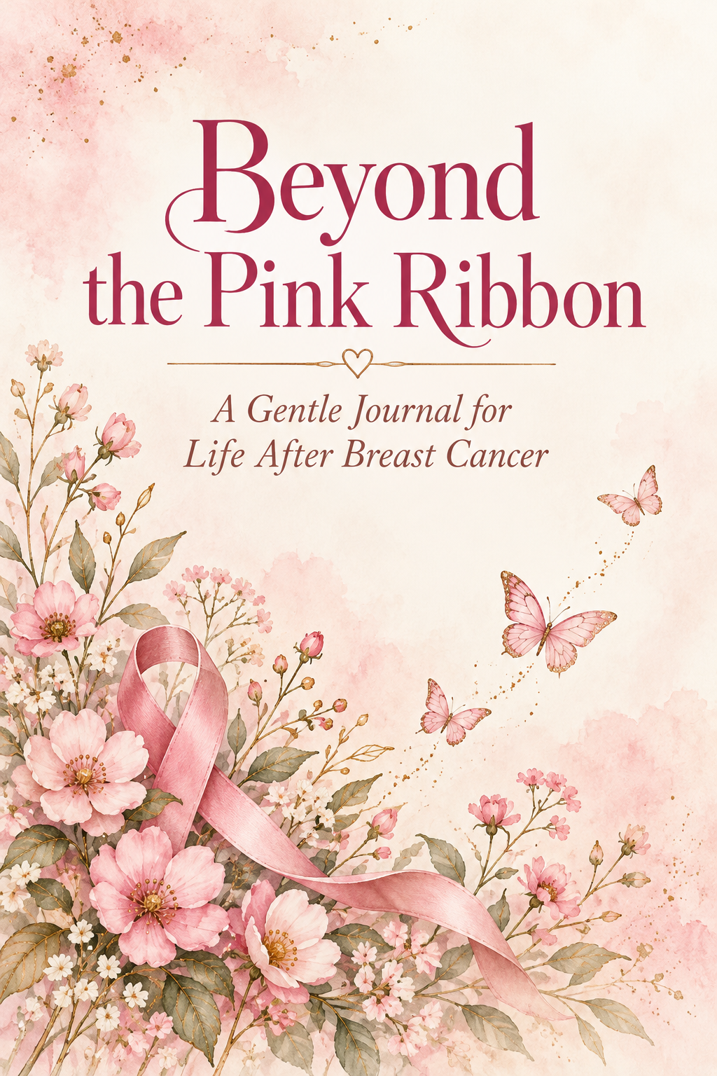 Beyond the Pink Ribbon journal cover with soft pink flowers, an awareness ribbon and butterflies