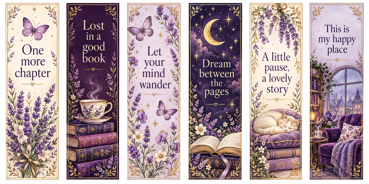 Six Cozy Lavender printable bookmark designs
