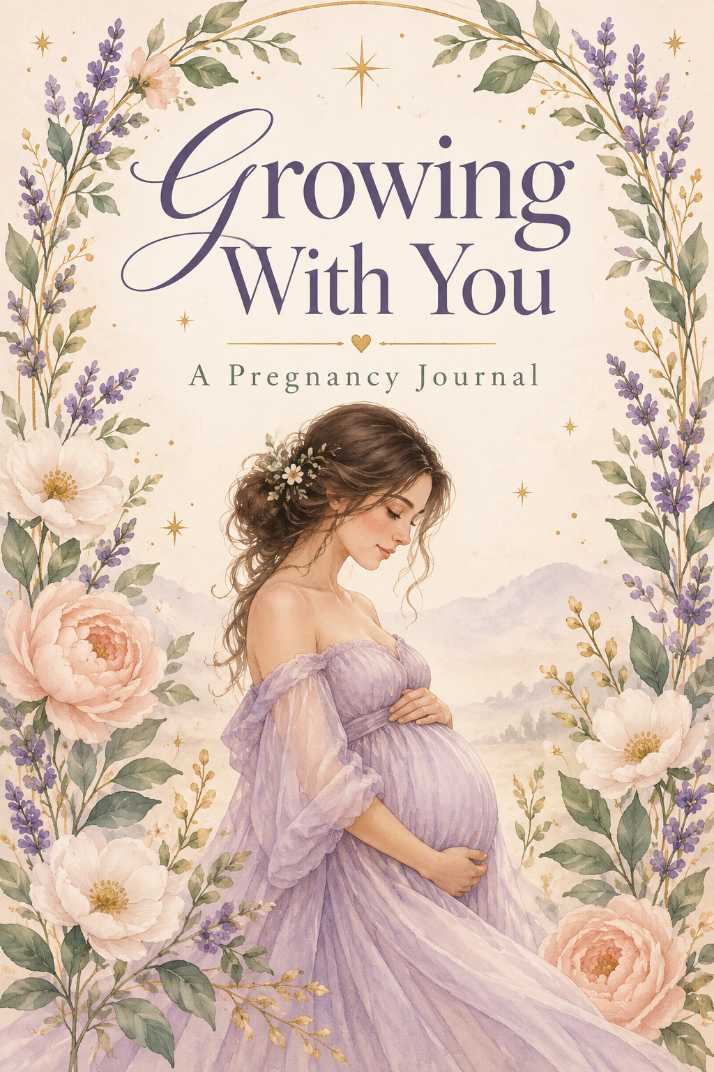 Growing With You pregnancy journal cover with an expectant mother in a lavender dress and delicate flowers