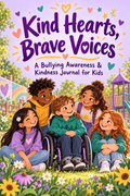 Kind Hearts, Brave Voices journal cover with a diverse group of children, flowers, and hearts