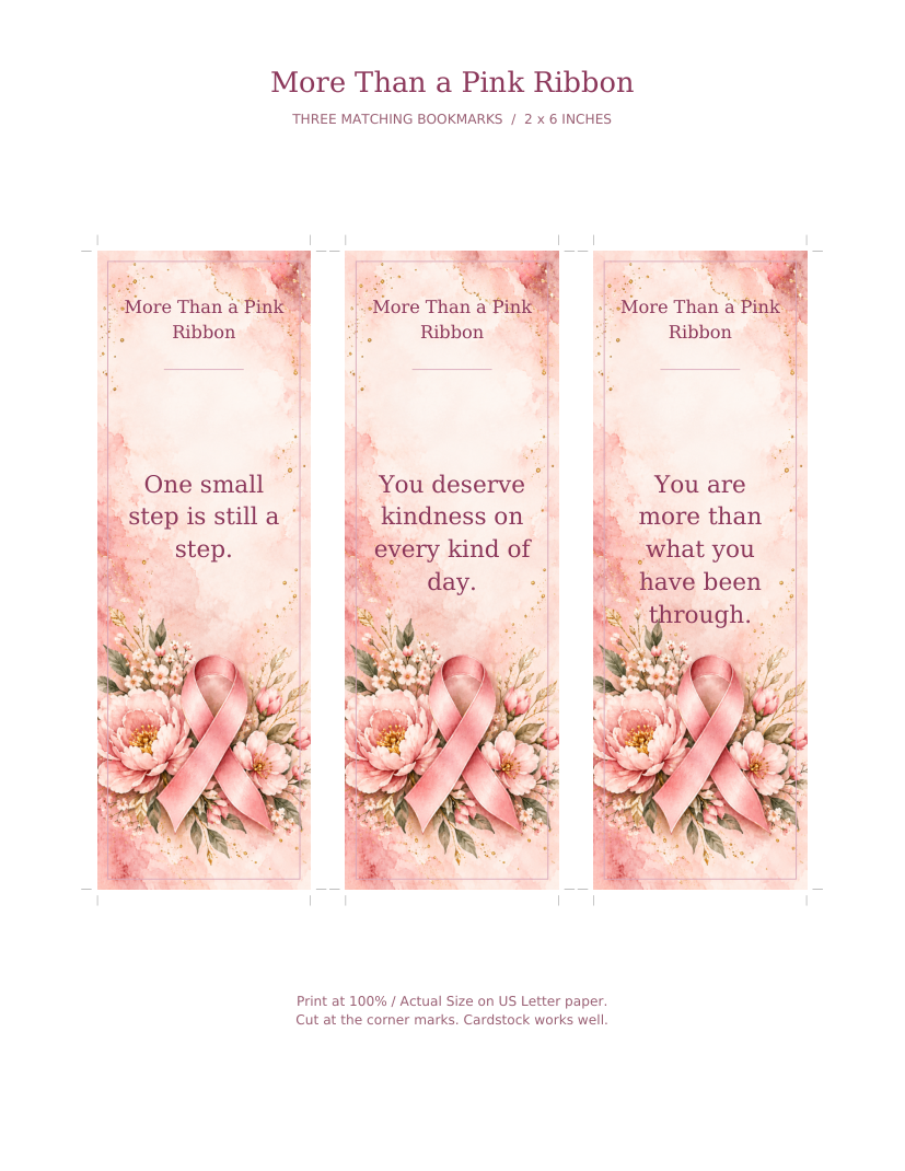 Three pink floral ribbon bookmarks with encouraging quotes