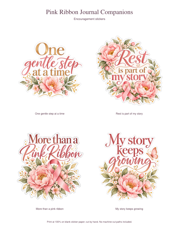 Four floral pink ribbon encouragement stickers included in the digital bundle
