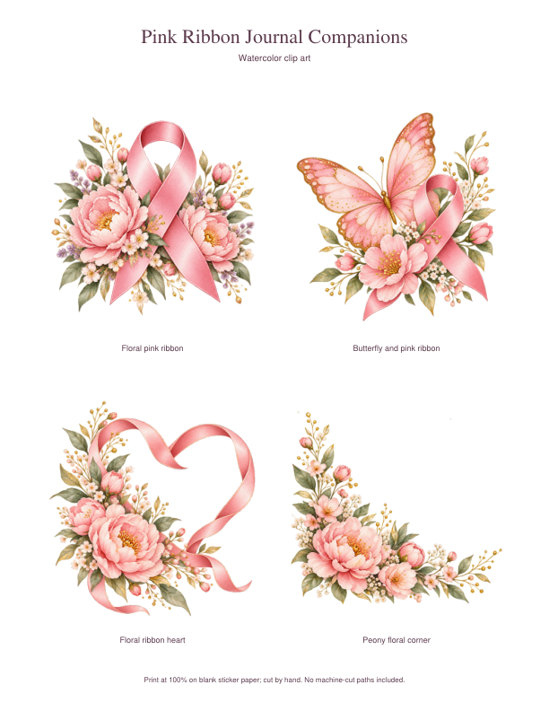 Four watercolor clip-art designs: floral pink ribbon, butterfly, ribbon heart and peony corner